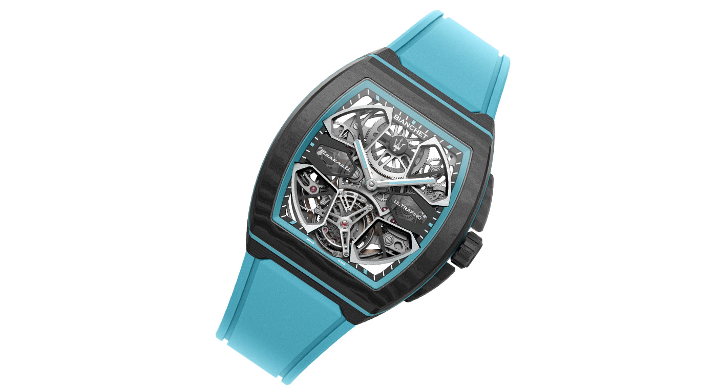 A futuristic UltraFino Maserati Flying Tourbillon wristwatch with a turquoise strap features a black rectangular case and a detailed, open-worked dial showcasing intricate mechanical components.